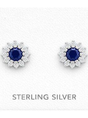 Created 1.02 Cts Blue & White Sapphire Flower Stud Earrings .925 Silver